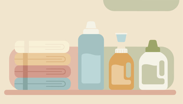 Clean minimalist illustration of folded colorful bath towels next to liquid laundry detergents and fabric softeners on a shelf.