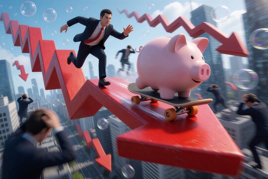 Whimsical Scene With A Piggy Bank And A Businessman Navigating A Decline On A Skateboard.