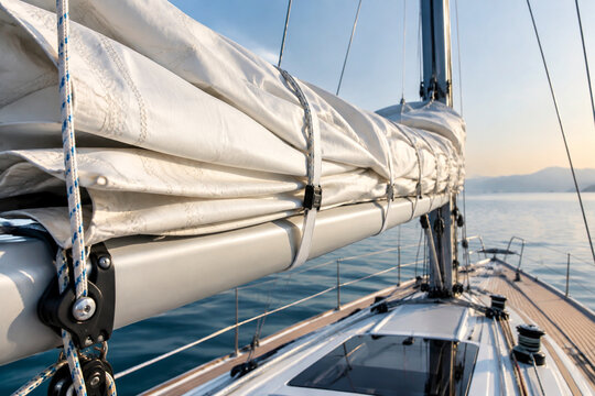 A furled white sail tightly bound to a yacht boom, crisp folds.
