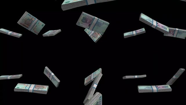 Uzbekistan Money, Uzbekistani Som Banknotes Falling On Black Background, UZS Currency Stacks Dark Cinematic, 4K