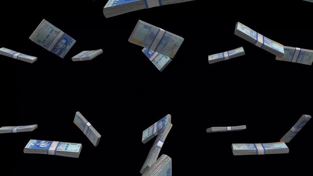Morocco Money, Moroccan Dirham Banknotes Falling On Black Background, MAD Currency Stacks Dark Cinematic, 4K