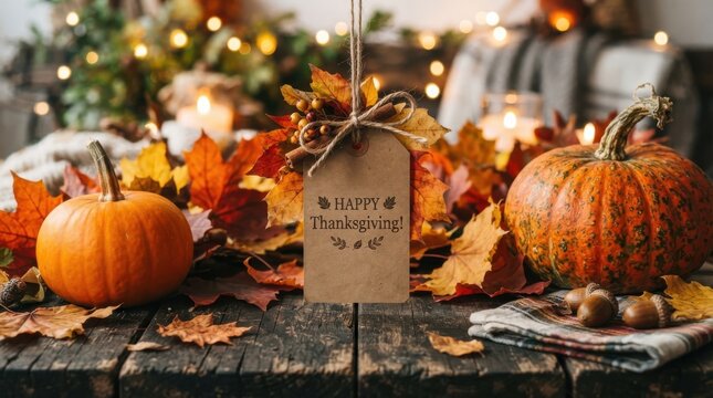 A rustic wooden table setting with two orange pumpkins, colorful autumn leaves, and a hanging paper tag that says happy thanksgiving in the center