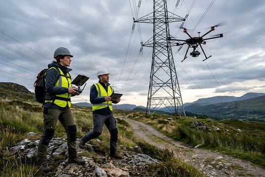 Engineers Inspecting High Voltage Power Line Using Professional Drone In Mountainous Terrain.