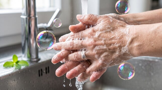 Washing hands with soap and water in kitchen sink, person cleaning hands for hygiene and health, soapy bubbles and running water for sanitation