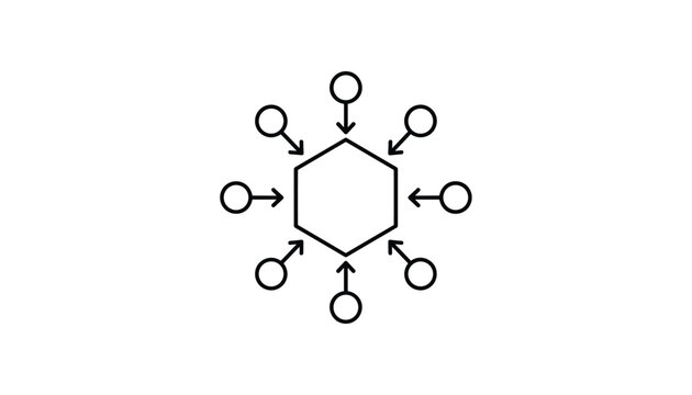 Conceptual black line icon representing data centralisation or collaborative input toward a single focal point.