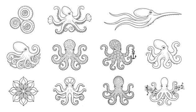 Collection of artistic octopus illustrations and sea motifs in detailed engraving style, isolated on a white background.