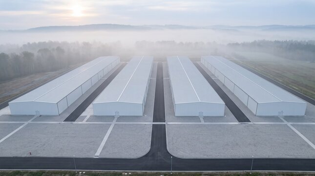 Data Center Campus Sunrise Fog Over A Misted Valley