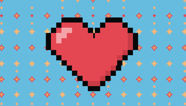 Cute red pixel art heart on a light blue repeating pattern with stars and dots, ideal for retro gaming theme.