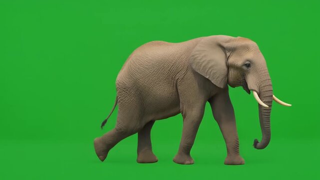Massive African elephant in continuous walking motion isolated on a chroma key green screen.