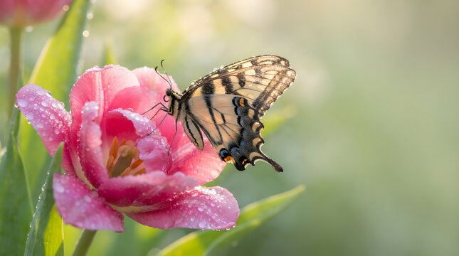 Macro swallowtail butterfly on fresh pink tulip with morning dew droplets in spring garden