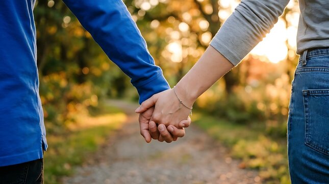 Close up of a romantic couple holding hands while walking together on a path during golden hour