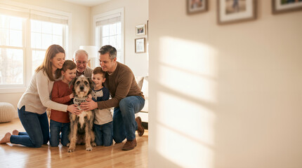 Obraz na płótnie Canvas Happy Family Welcoming Rescued Dog at Home Together