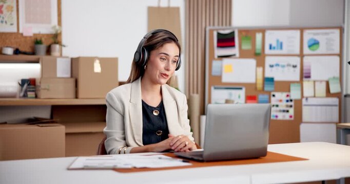 Woman, consultant or wave with headset in logistics for online shipping or customer service. Female person, agent and talking with computer or video call for small business or virtual assistance