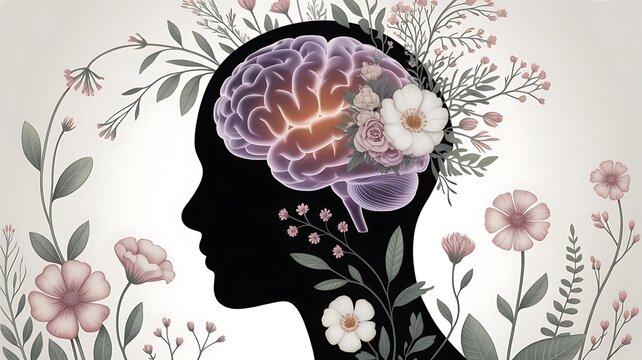Face silhouettes with brain and floral elements. Mental Health concept.