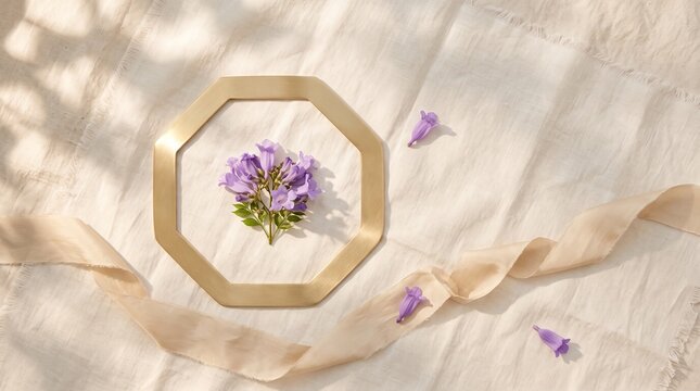 Overhead jacaranda and gold frame linen arrangement