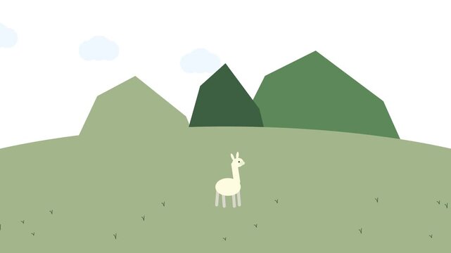 Minimalist vector illustration of a cute white llama standing in a serene green landscape with stylized hills under a soft peaceful sky