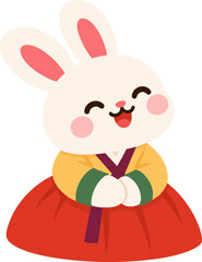 노란 한복을 입고 앉아 있는 귀여운 토끼 캐릭터 © 레몬레
