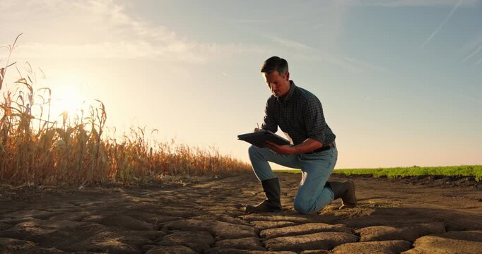 Agronomist inspecting a cornfield, noting the effects of severe drought and climate change on the arid, cracked soil at sunset