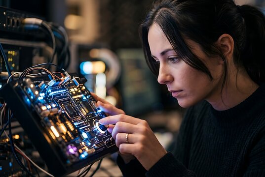 Female Engineer Inspecting Glowing Electronic Circuit Board in Laboratory.