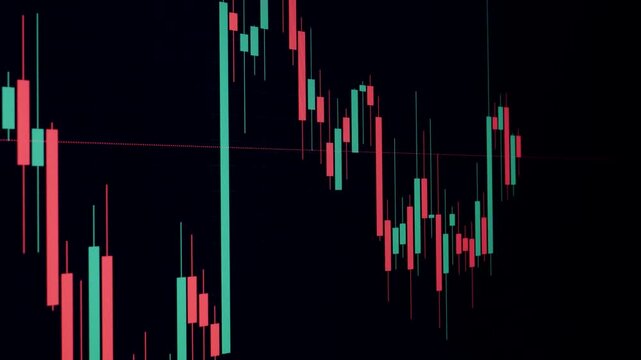 Neon candlestick chart animates downward across dark grid, red and turquoise bars glowing in motion to show market decline, volatility, and financial risk signals