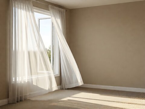 Beautiful sunlight, blowing white sheer curtain from open window on blank beige brown wall, carpet floor for interior design decoration.