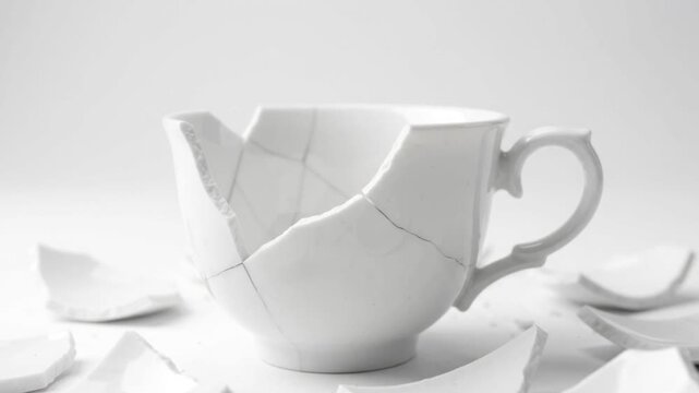Broken White Ceramic Cup with Cracks and Scattered Pieces on Clean Background