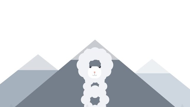 Vector illustration of a serene white sheep with stylized fluffy wool, standing prominently in a minimalist geometric mountain landscape, symbolizing tranquility and clean design