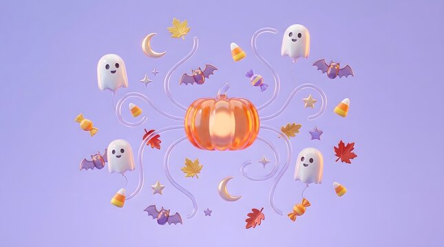 3D Halloween illustration featuring glowing pumpkin, ghosts, bats, candy, and autumn leaves on purple background