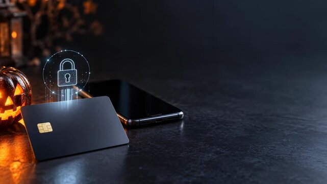 Credit card and smartphone protected by digital lock, Halloween payment security concept with copy space
