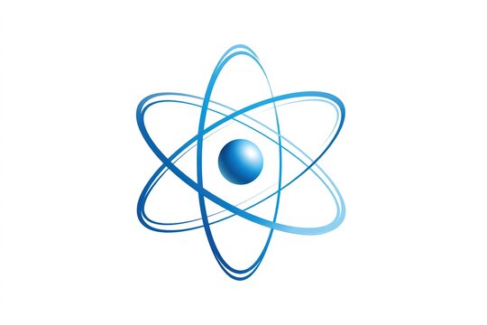 Blue minimalist atomic icon with central sphere and orbits represents digital innovation logo.