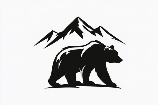 Black silhouette grizzly bear walking under high mountain peaks illustration vector minimalist.