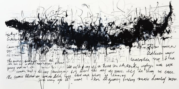 Chaotic Abstract Ink Scribbles with Handwritten Text Elements.Expressive black ink scribbles and illegible handwritten notes layered over a white background.