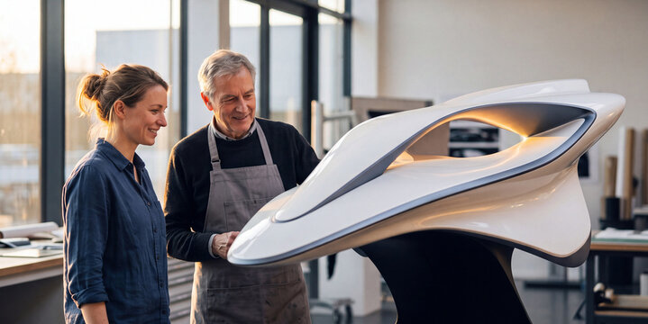 Industrial designers examining a futuristic automotive prototype model in a modern creative studio