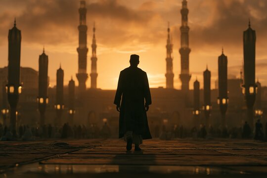 Silhouette man walking towards mosque illuminated by warm orange sunset for religious contemplation.