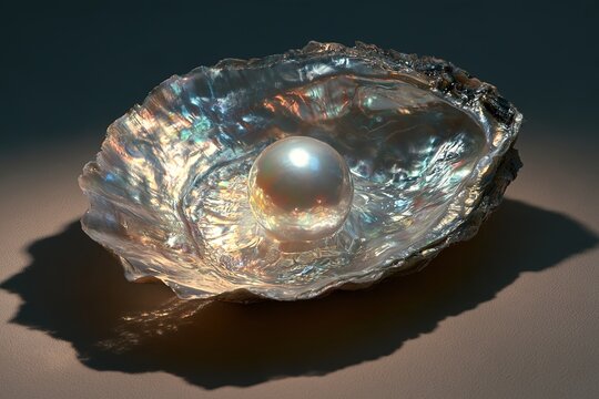 Luminous round pearl sitting inside iridescent open seashell on grey surface for luxury concepts.