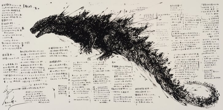 ink drawing of Godzilla on the background of Japanese text.The silhouette of Godzilla, made in expressive black ink, on a sheet with dense Japanese text.