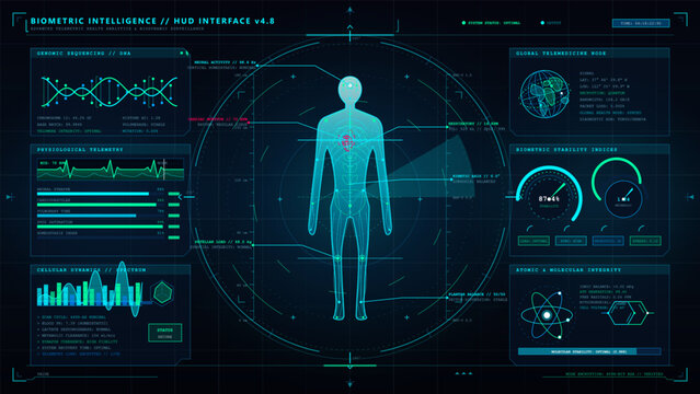 A digital display presents biometric intelligence information related to human health. Various charts and graphs show physiological data and statistical analysis in a tech-focused setting.