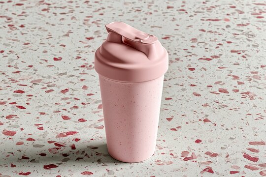 Pink shaker bottle on speckled terrazzo countertop for protein shakes and sports nutrition prep.