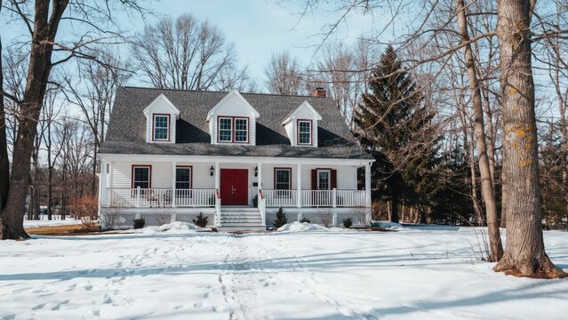 Charming white country house with a red door surrounded by snow and bare trees in winter. Ideal for seasonal real estate and holiday greeting cards.