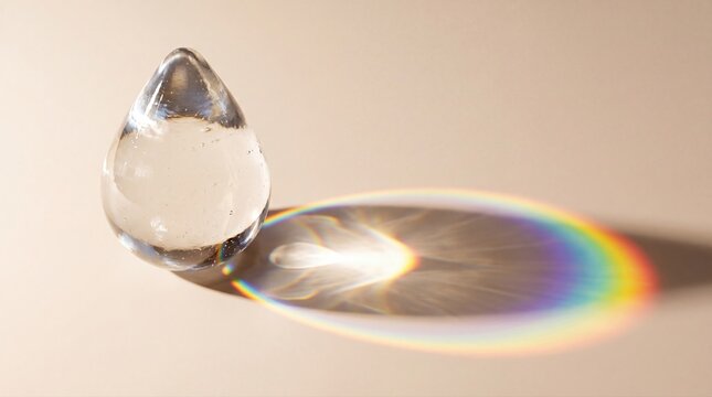 Close-up of a water droplet creating a rainbow shadow on a reflective surface with natural light