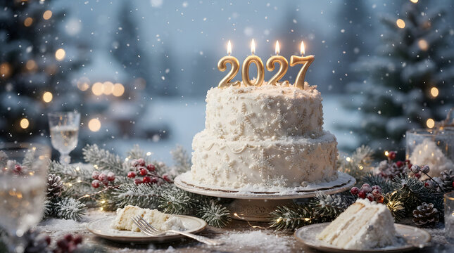 Frosted double layer cake with twentyseven candles, winter holiday pine decor atmosphere. Suitable for festive greeting cards or social media posts.