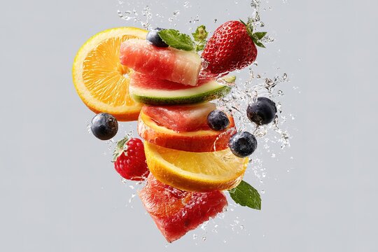 Fresh sliced fruits and berries splashing with clear water for healthy food advertising design.
