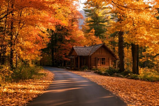 Cozy wooden cabin nestled in a vibrant autumn forest with a winding road covered in fallen leaves