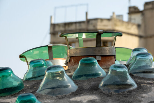 Rows of antique glass roof ventilators catch the sunlight above the domed roof of the historic Ezzeddine Hammam, North Governorate, Tripoli, Lebanon