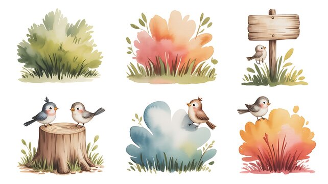Watercolor set of bushes, stump, wooden sign and cute birds. Colorful isolated collection for your perfect design childish room, wallpapers, cover or baby print, hand-drawn illustration. 