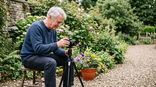 Elderly man adjusting a digital camera on a tripod in a garden