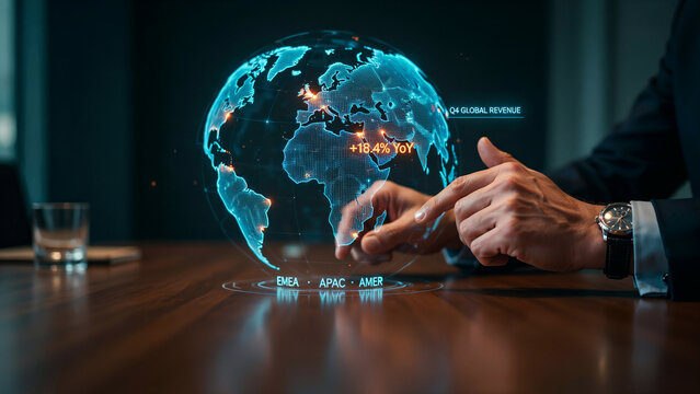 CEO hands interacting with 3D global sales map on digital touch-table