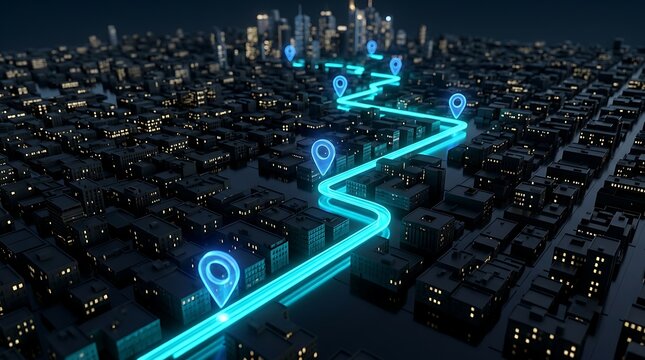 Futuristic city map with glowing neon blue navigation route and location pins, illustrating smart city logistics and urban planning.
