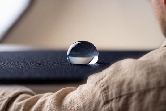 Close-up of a large water droplet beading on a waterproof hydrophobic dark fabric surface in an indoor setting