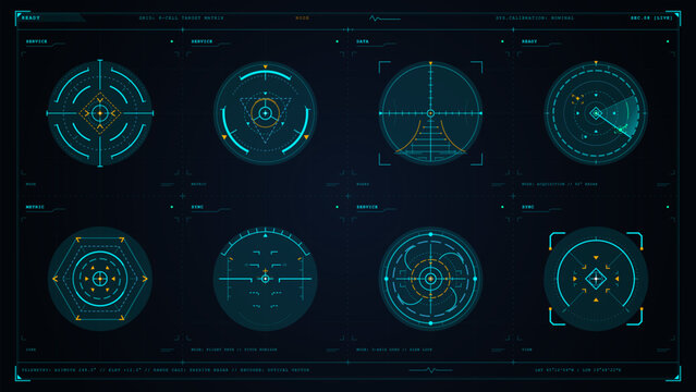 Eight cyan and yellow targeting displays feature crosshairs and geometric indicators within a dark futuristic interface